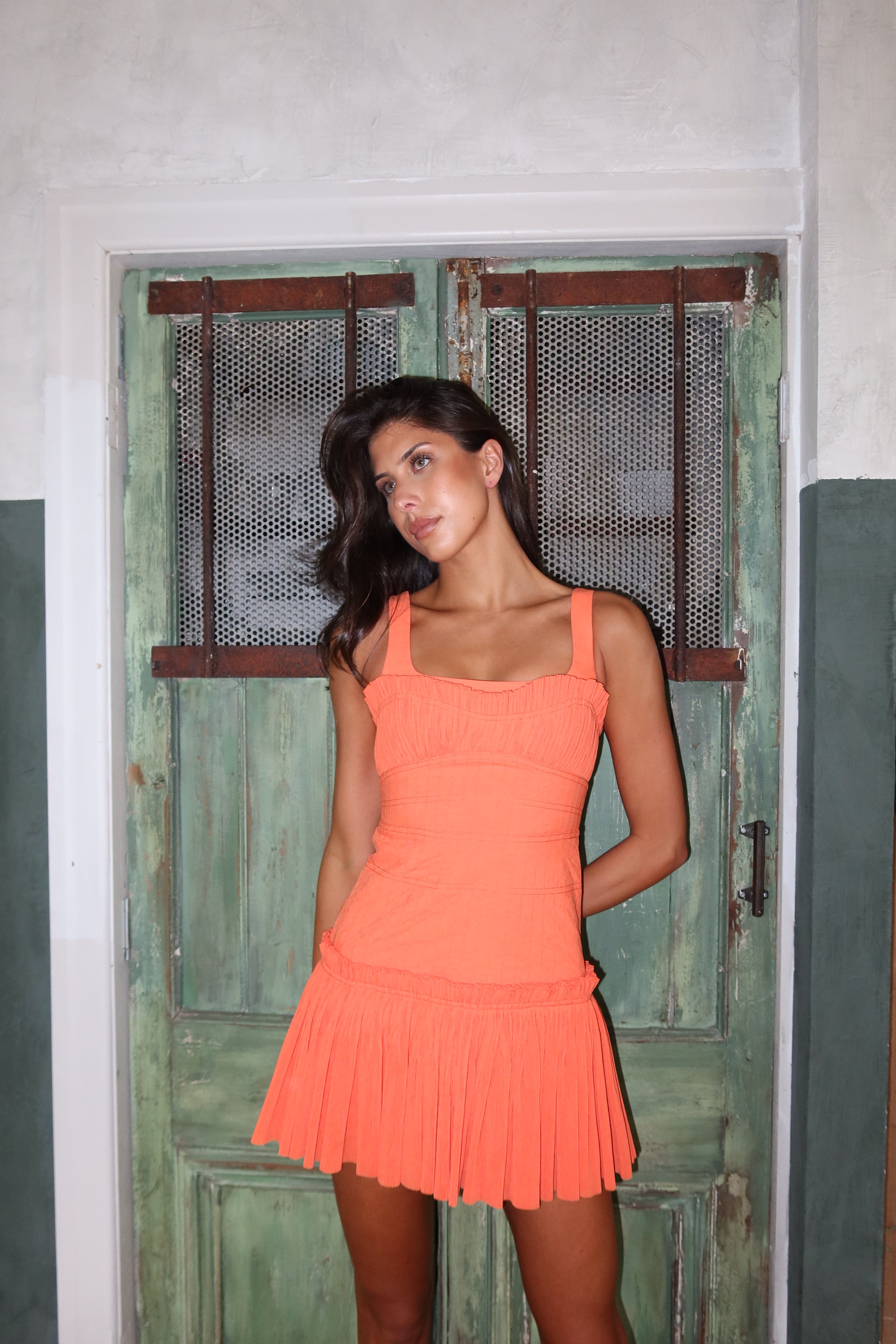 acler dartnell mini dress apricot revolve The Dartnell Mini Dress in Apricot ~ featuring soft texture and volume in a mini silhouette and statement colour. #Acler